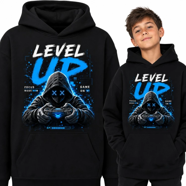 Bluza chłopięca z kapturem - „Level up” dla młodego gamera