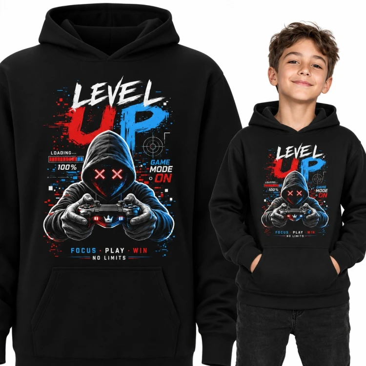 Bluza chłopięca z kapturem „Level up” - gracz z padem dla gamera