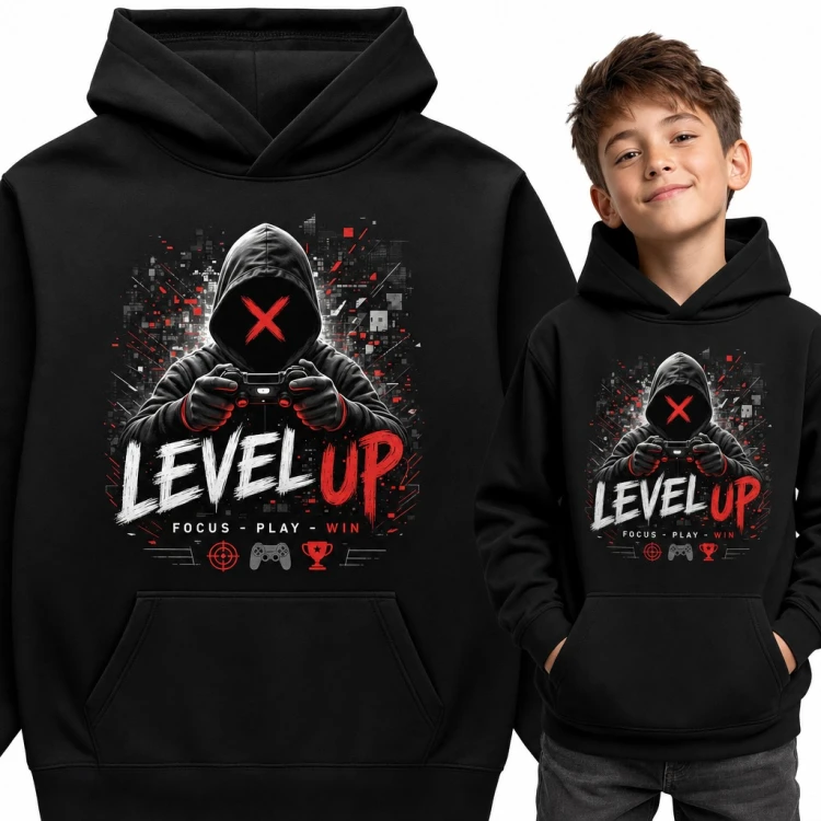 Bluza chłopięca z kapturem - „Level up” gracz z padem dla gamera