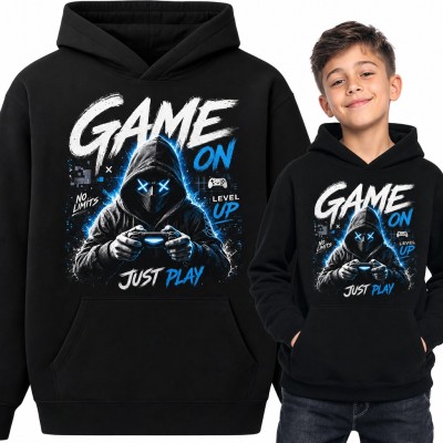 Bluza chłopięca z kapturem „Game on” - gamer z padem i świecącymi oczami