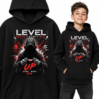Bluza chłopięca z kapturem - „Level up” gracz z padem w słuchawkach