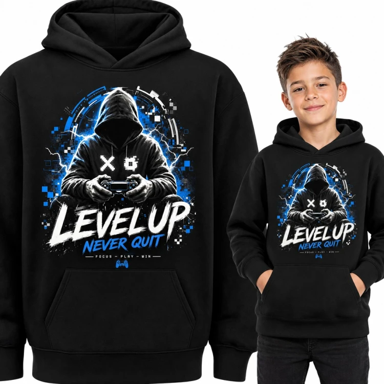 Bluza chłopięca z kapturem - gamer z padem „Level up never quit”