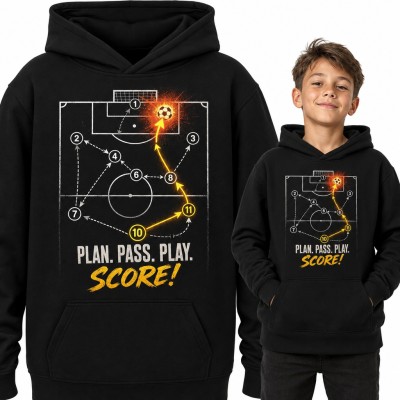 Bluza chłopięca z kapturem - „Plan. Pass. Play. Score!” taktyka piłkarska dla piłkarza