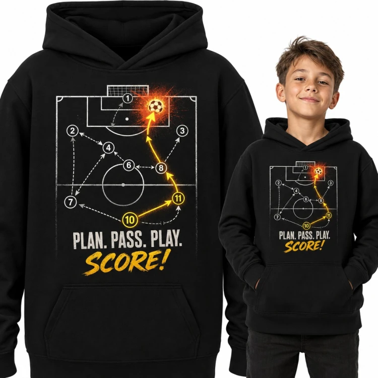 Bluza chłopięca z kapturem - „Plan. Pass. Play. Score!” taktyka piłkarska dla piłkarza