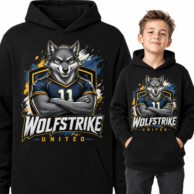 Bluza chłopięca z kapturem „Wolfstrike United” - wilk maskotka drużyny z numerem 11