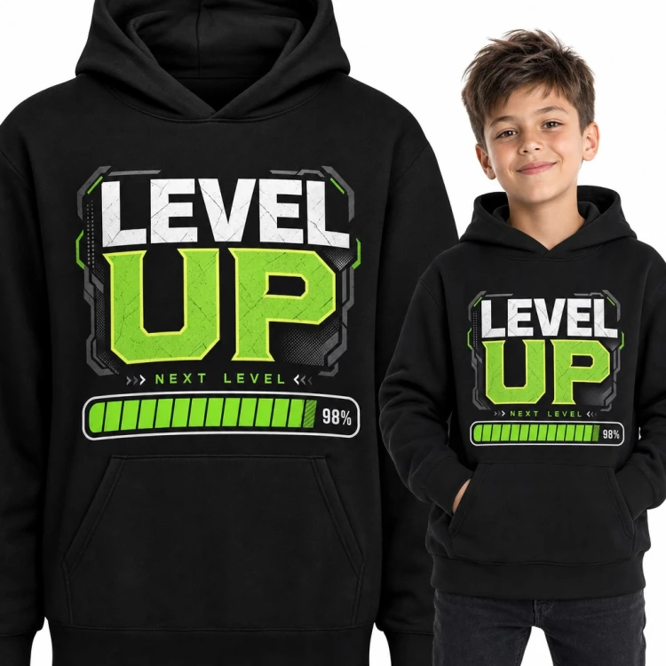 Bluza chłopięca z kapturem - „Level up” z gamingowym paskiem ładowania 98% dla gracza