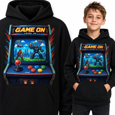 Bluza chłopięca z kapturem - retro automat arcade „Game On” z pikselowym robotem