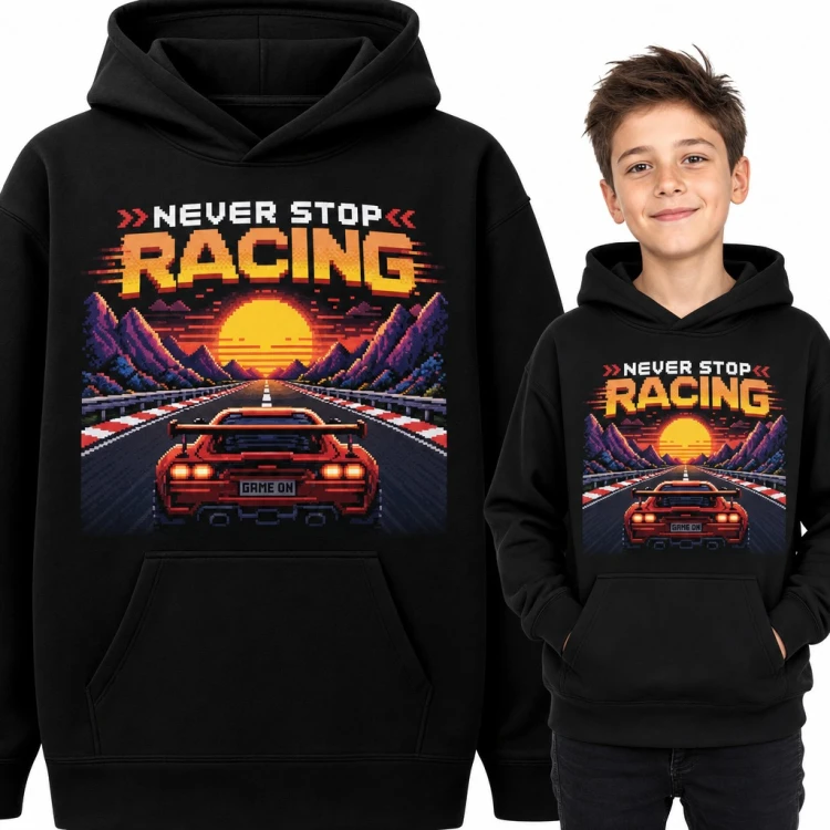 Bluza chłopięca z kapturem - „Never stop racing” z pikselowym autem wyścigowym