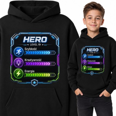 Bluza chłopięca z kapturem - „Hero level 19” karta gracza ze statystykami