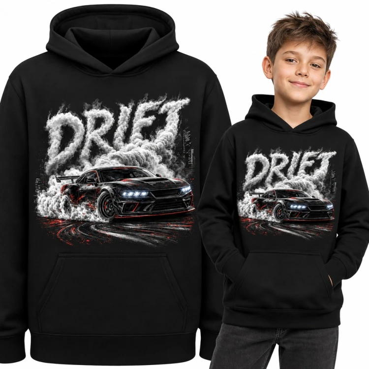 Bluza chłopięca z kapturem - „Drift” ze sportowym autem w dymie opon