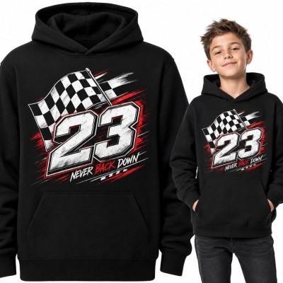 Bluza chłopięca z kapturem - wyścigowy numer z flagą w szachownicę „23 Never back down”
