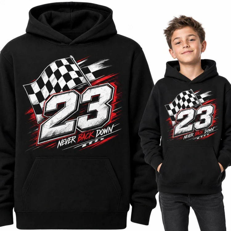 Bluza chłopięca z kapturem - wyścigowy numer z flagą w szachownicę „23 Never back down”