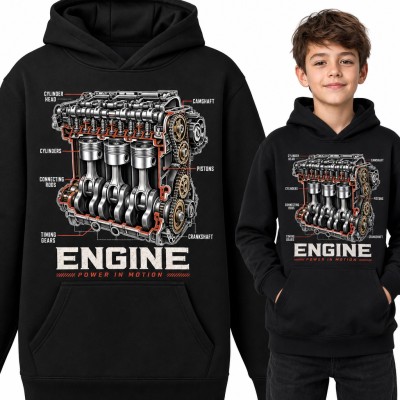 Bluza chłopięca z kapturem - przekrój silnika z tłokami „Engine Power in Motion” dla małego mechanika