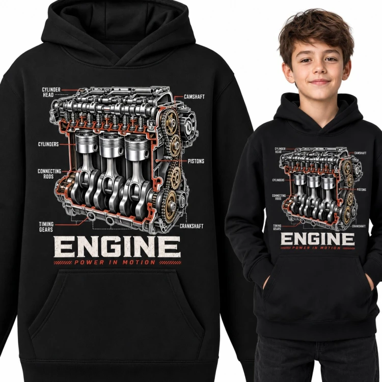 Bluza chłopięca z kapturem - przekrój silnika z tłokami „Engine Power in Motion” dla małego mechanika