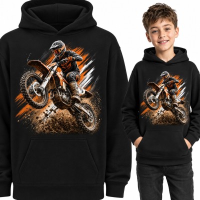 Bluza chłopięca z kapturem - motocross, crossowiec w skoku w chmurze błota