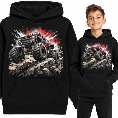 Bluza chłopięca z kapturem - monster truck na skałach w czerwonym wybuchu