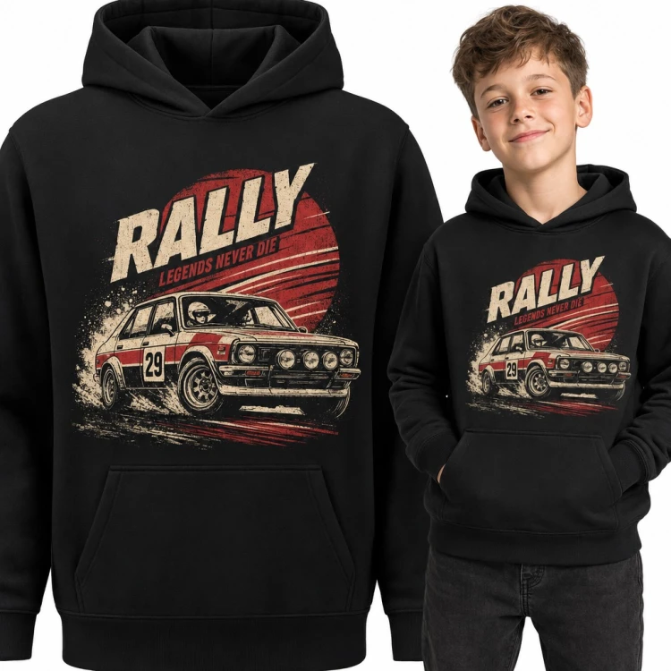Bluza chłopięca z kapturem - „Rally legends never die” z retro autem rajdowym nr 29