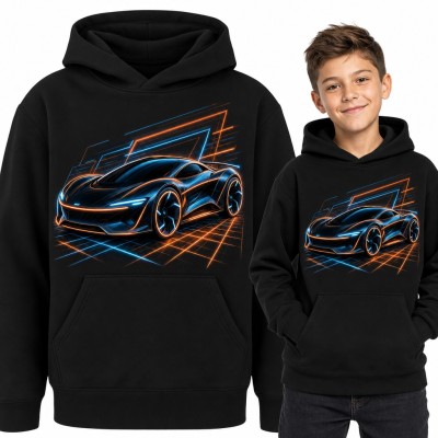 Bluza chłopięca z kapturem - neonowy supercar na futurystycznej siatce