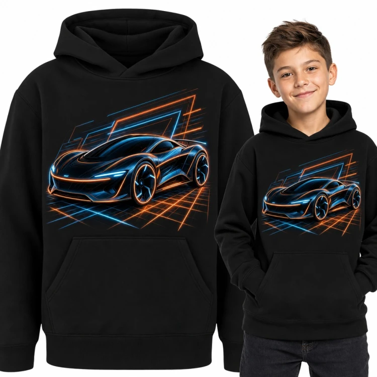 Bluza chłopięca z kapturem - neonowy supercar na futurystycznej siatce