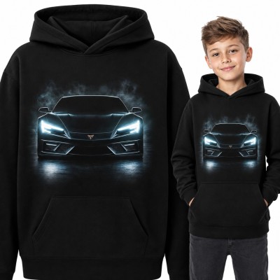 Bluza chłopięca z kapturem - sportowe auto ze świecącymi reflektorami w dymie