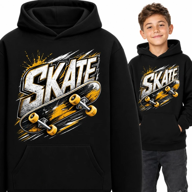 Bluza chłopięca z kapturem - deskorolka i napis „Skate” w stylu grunge
