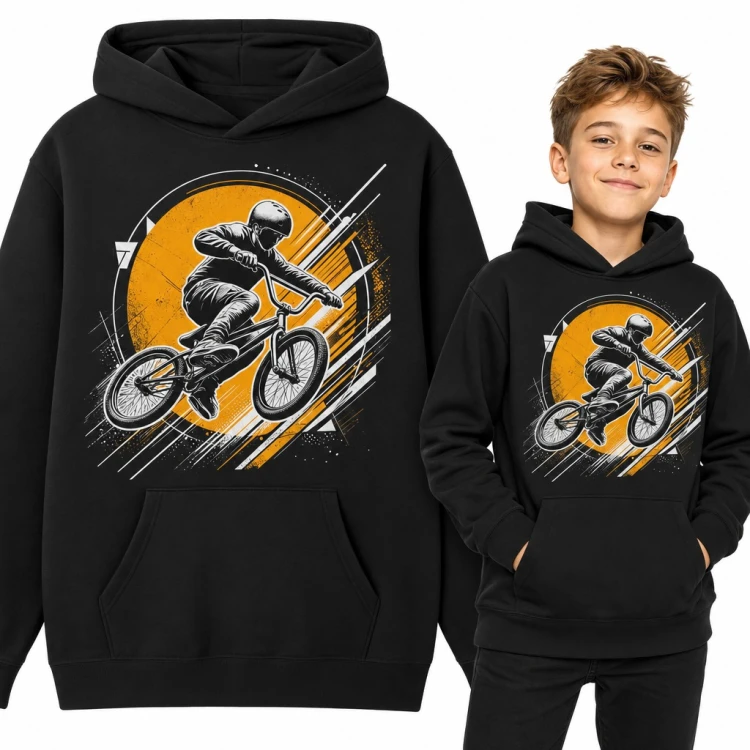 Bluza chłopięca z kapturem - rowerzysta BMX w skoku na pomarańczowym tle