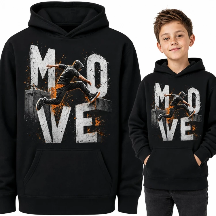 Bluza chłopięca z kapturem - parkour „Move” ze skokiem przez betonowy murek