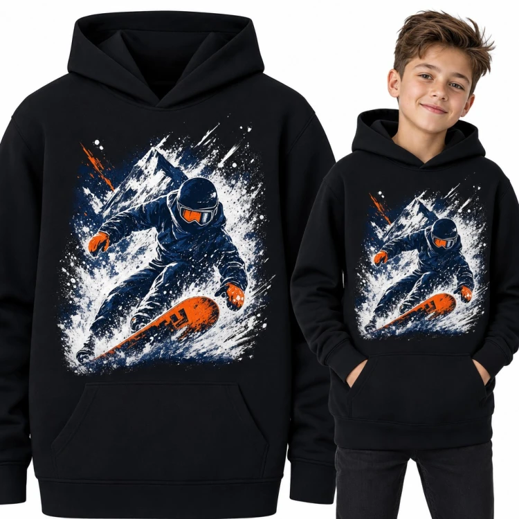 Bluza chłopięca z kapturem - snowboardzista w śnieżnym puchu na tle gór