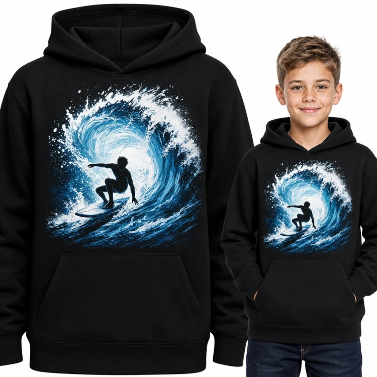 Bluza chłopięca z kapturem - surfer w tunelu wielkiej fali