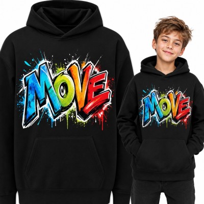Bluza chłopięca z kapturem - kolorowe graffiti „Move” w stylu street art
