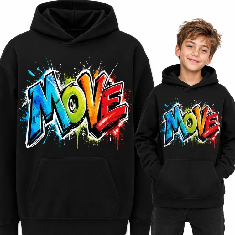 Bluza chłopięca z kapturem - kolorowe graffiti „Move” w stylu street art