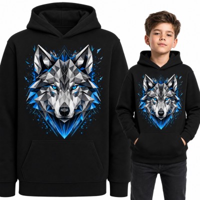 Bluza chłopięca z kapturem - geometryczny wilk low poly z niebieskimi oczami