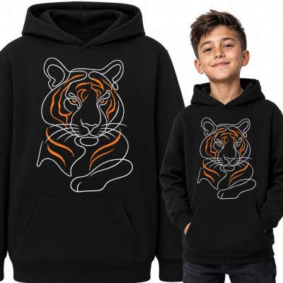 Bluza chłopięca z kapturem - tygrys line art z pomarańczowymi pręgami