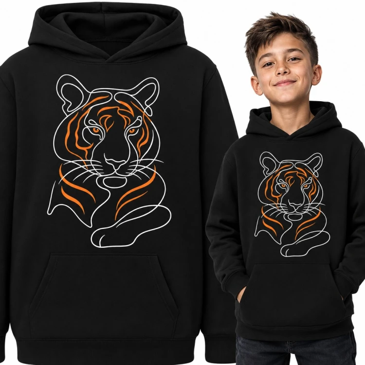 Bluza chłopięca z kapturem - tygrys line art z pomarańczowymi pręgami