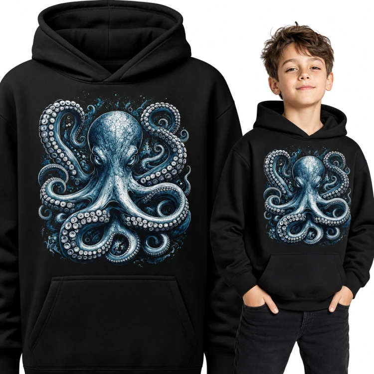 Bluza chłopięca z kapturem - ośmiornica z wijącymi się mackami w głębinach oceanu