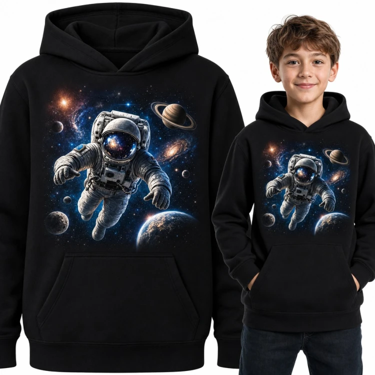Bluza chłopięca z kapturem - astronauta w kosmosie wśród planet i galaktyk