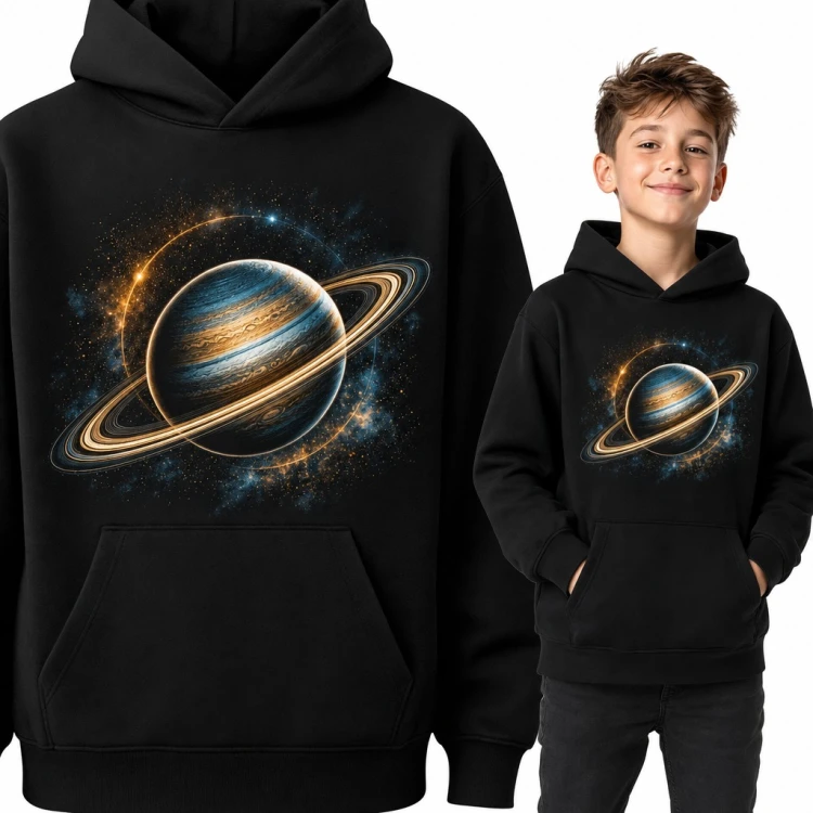Bluza chłopięca z kapturem - Saturn z pierścieniami w kosmicznym pyle