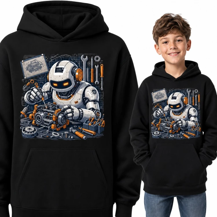 Bluza chłopięca z kapturem - robot mechanik naprawiający silnik w warsztacie