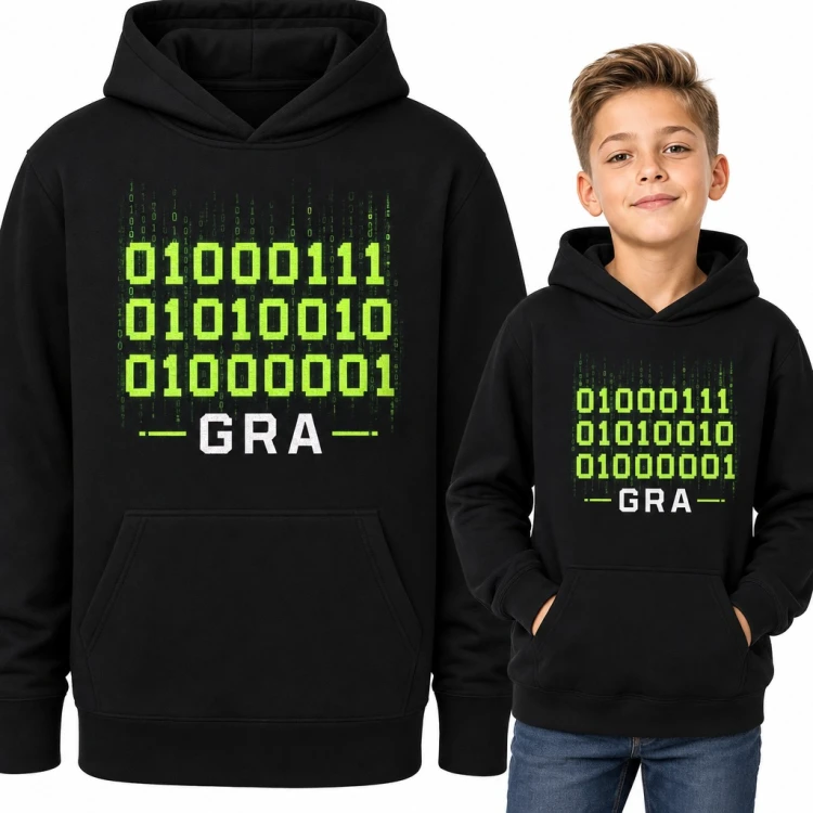 Bluza chłopięca z kapturem - kod binarny matrix i napis „Gra” dla gracza