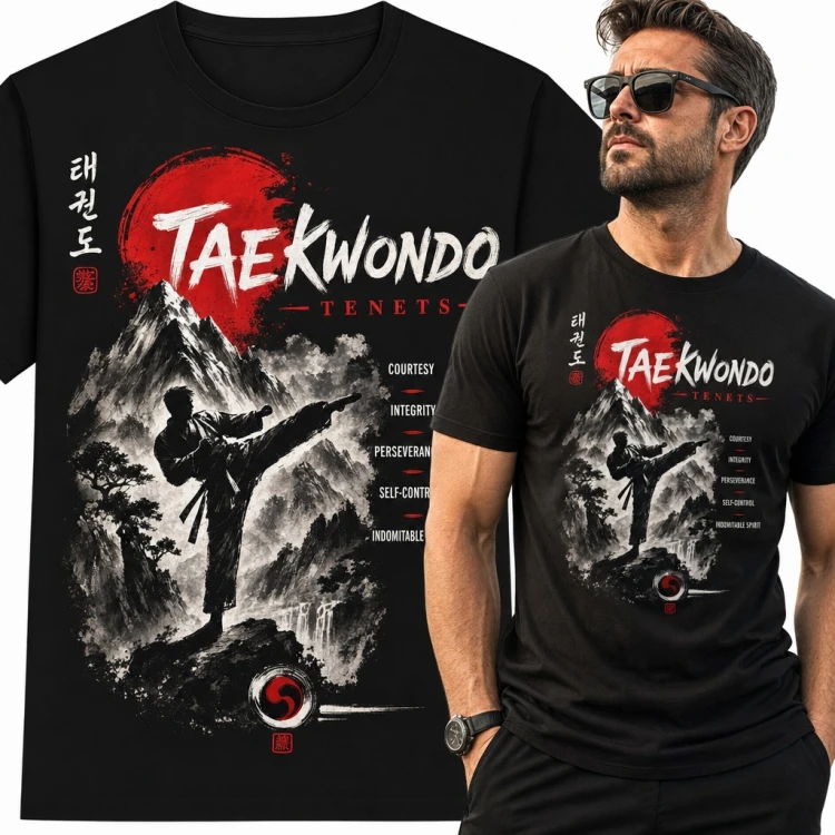 Koszulka męska taekwondo „Taekwondo Elements” - wysokie kopnięcie