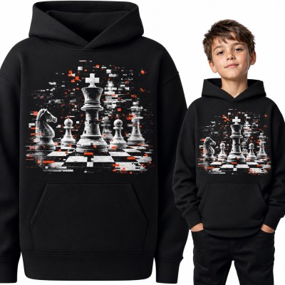 Bluza chłopięca z kapturem - figury szachowe z efektem glitch dla młodego szachisty