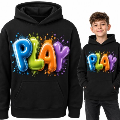 Bluza chłopięca z kapturem - „Play” z kolorowych liter 3D i kleksów farby