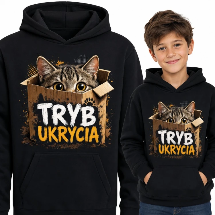 Bluza chłopięca z kapturem - „Tryb ukrycia” kot w kartonie