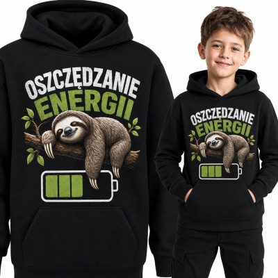 Bluza chłopięca z kapturem - śpiący leniwiec i bateria „Oszczędzanie energii”