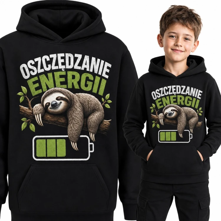 Bluza chłopięca z kapturem - śpiący leniwiec i bateria „Oszczędzanie energii”