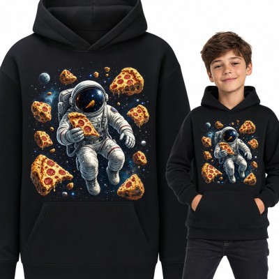 Bluza chłopięca z kapturem - astronauta z pizzą wśród pizzowych asteroid