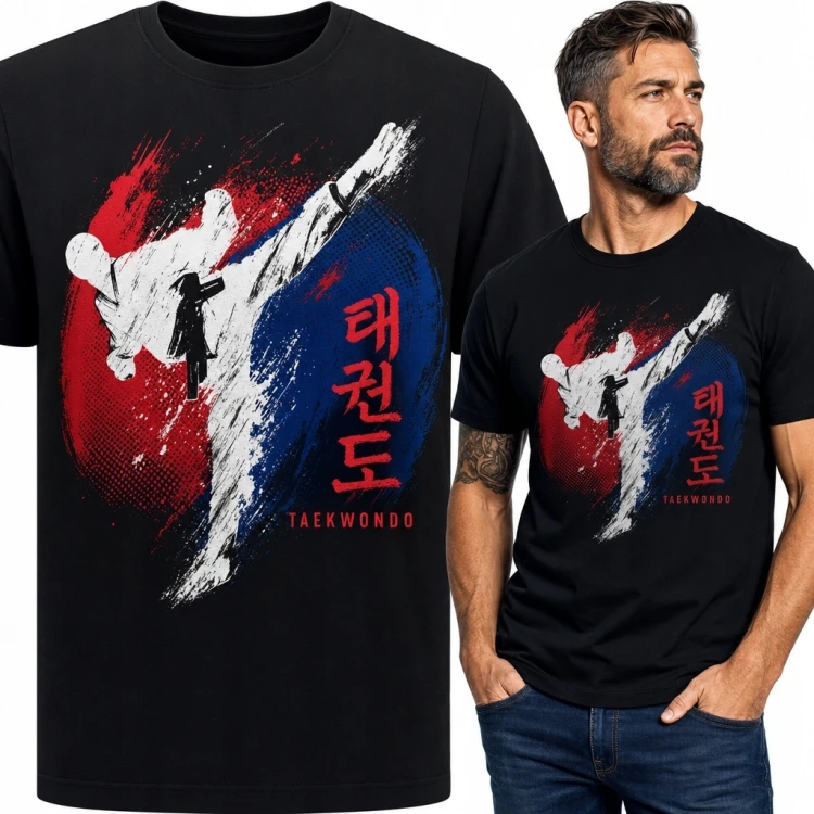 Koszulka męska taekwondo „태권도” - zawodnik w wysokim kopnięciu