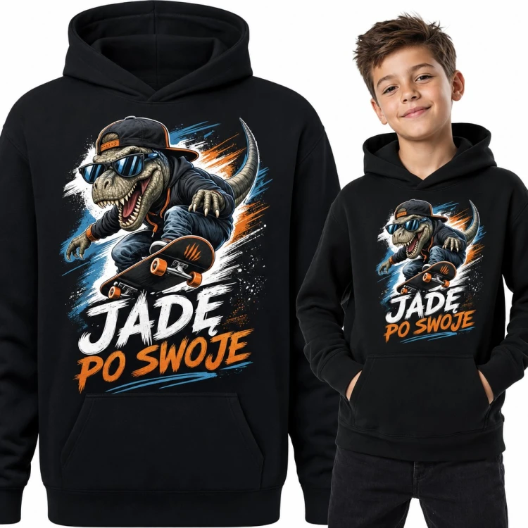 Bluza chłopięca z kapturem - dinozaur T-rex na deskorolce „Jadę po swoje”