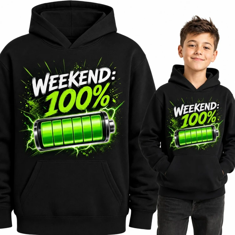 Bluza chłopięca z kapturem - „Weekend: 100%” z naładowaną zieloną baterią