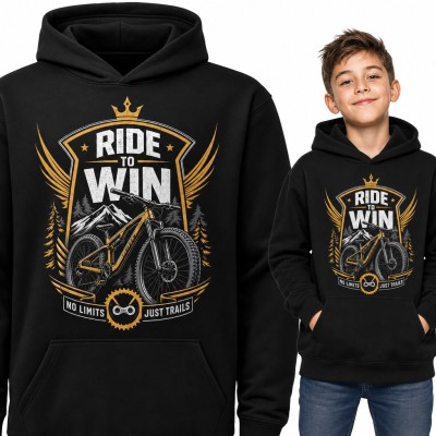 Bluza chłopięca z kapturem „Ride to Win” - rower górski MTB w herbie z koroną dla młodego rowerzysty